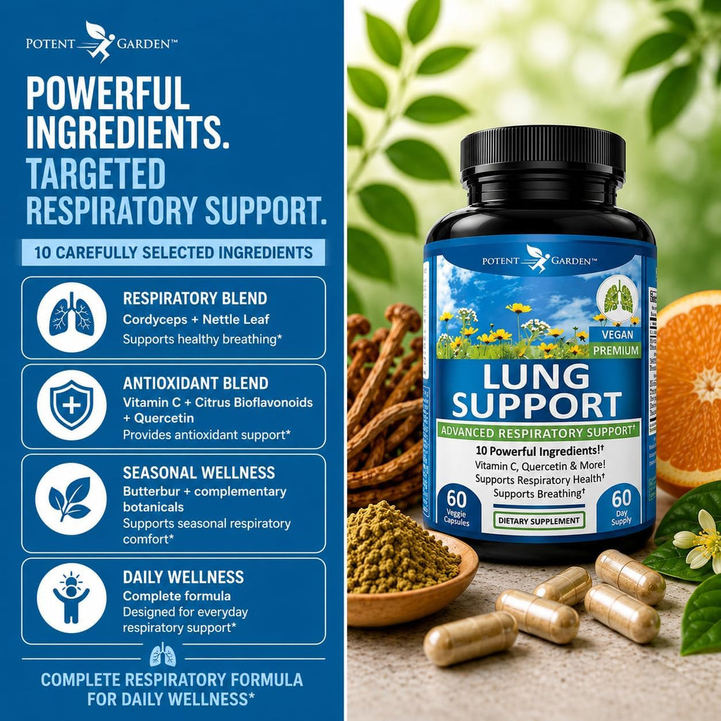 Potent Garden Suplemento de Apoyo Respiratorio con Vitamina C, Quercetina y Mezcla de Hierbas – Cápsulas Veganas, 60 Unidades