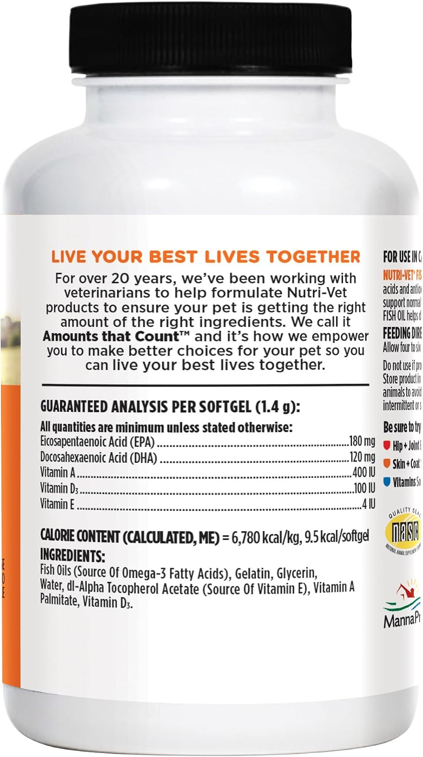 Nutri-Vet Aceite de Pescado para Perros - Suplemento Omega 3 con EPA y DHA, 100 Cápsulas Blandas