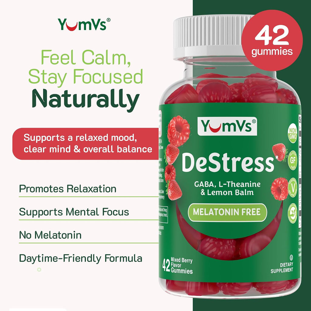 YumV's De-Stress Gummies con GABA, L-Teanina y Melisa - Sabor a Frutos del Bosque - Gominolas Calmantes para Adultos y Adolescentes - 42 unidades