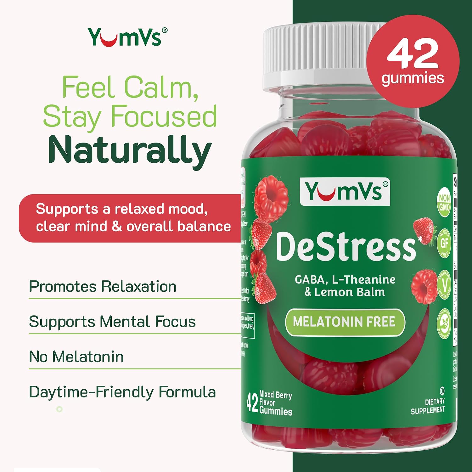 YumV's De-Stress Gummies con GABA, L-Teanina y Melisa - Sabor a Frutos del Bosque - Gominolas Calmantes para Adultos y Adolescentes - 42 unidades