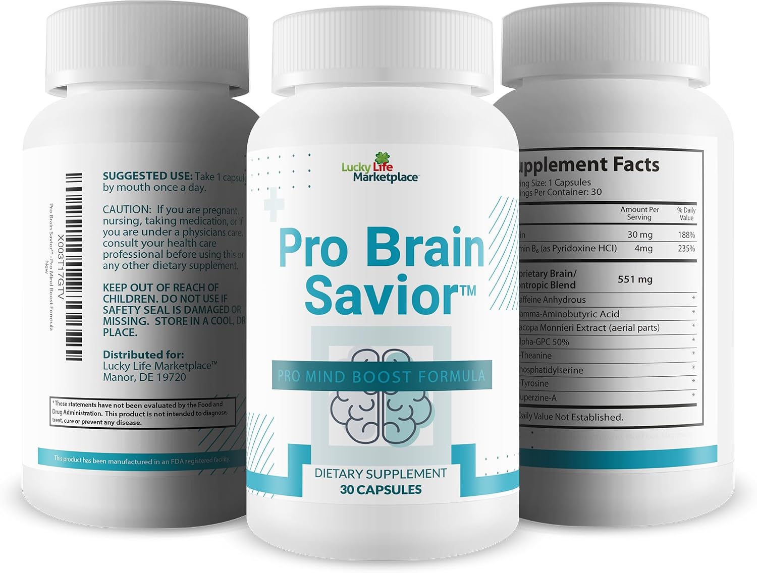 Pro Brain Savior – Suplemento Nootrópico con Bacopa, Niacina, Cafeína y L-Teanina para Memoria, Enfoque y Claridad Mental