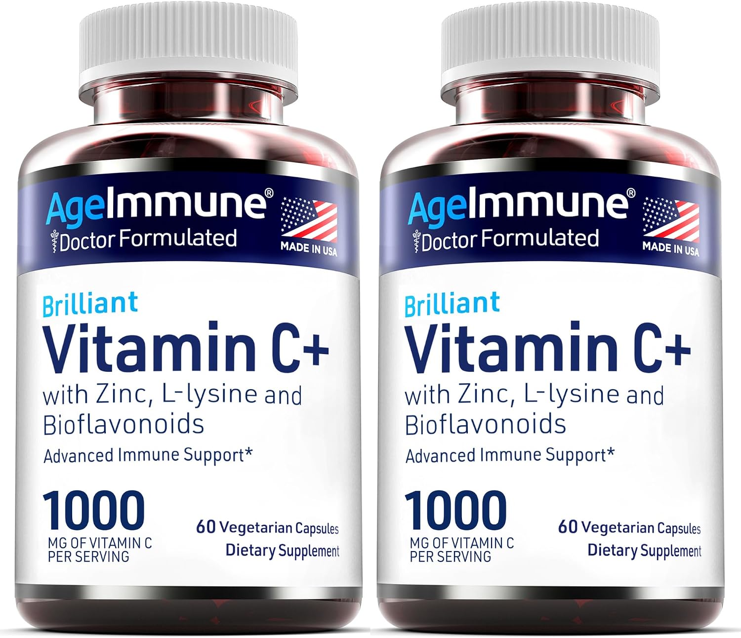 AgeImmune Complejo de Vitamina C 1000 mg con L-Lisina 500 mg, Zinc 12 mg y Bioflavonoides 300 mg - 2 Botellas