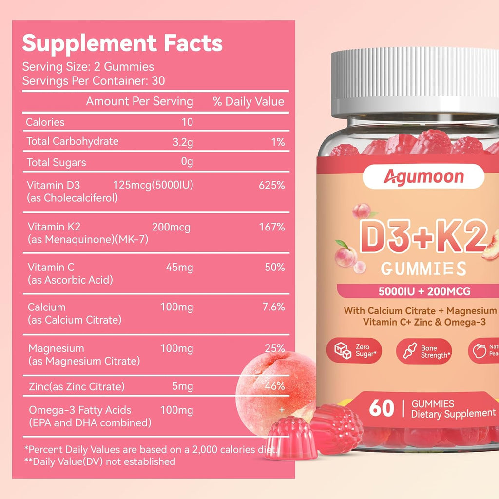Agumoon Vitamina D3 K2 Gominolas - 5000IU + 200mcg MK-7 - 60 uds