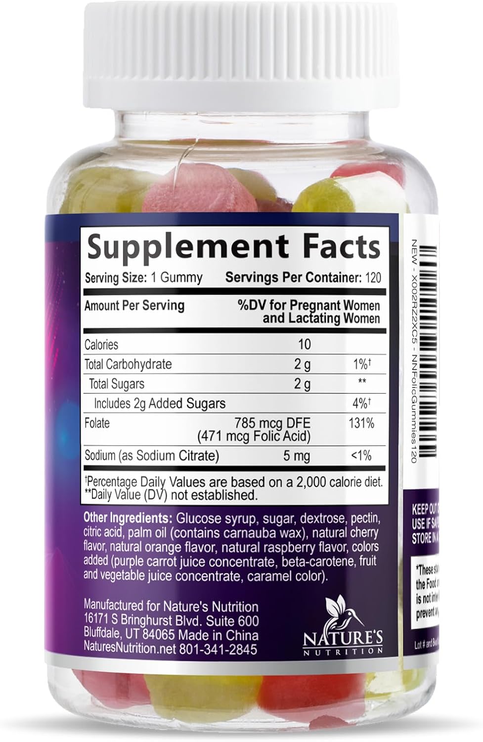 Nature's Nutrition Gominolas de Ácido Fólico - 785 mcg de Folato - Vitaminas Prenatales - 120 Gominolas de Naranja, Cereza y Uva