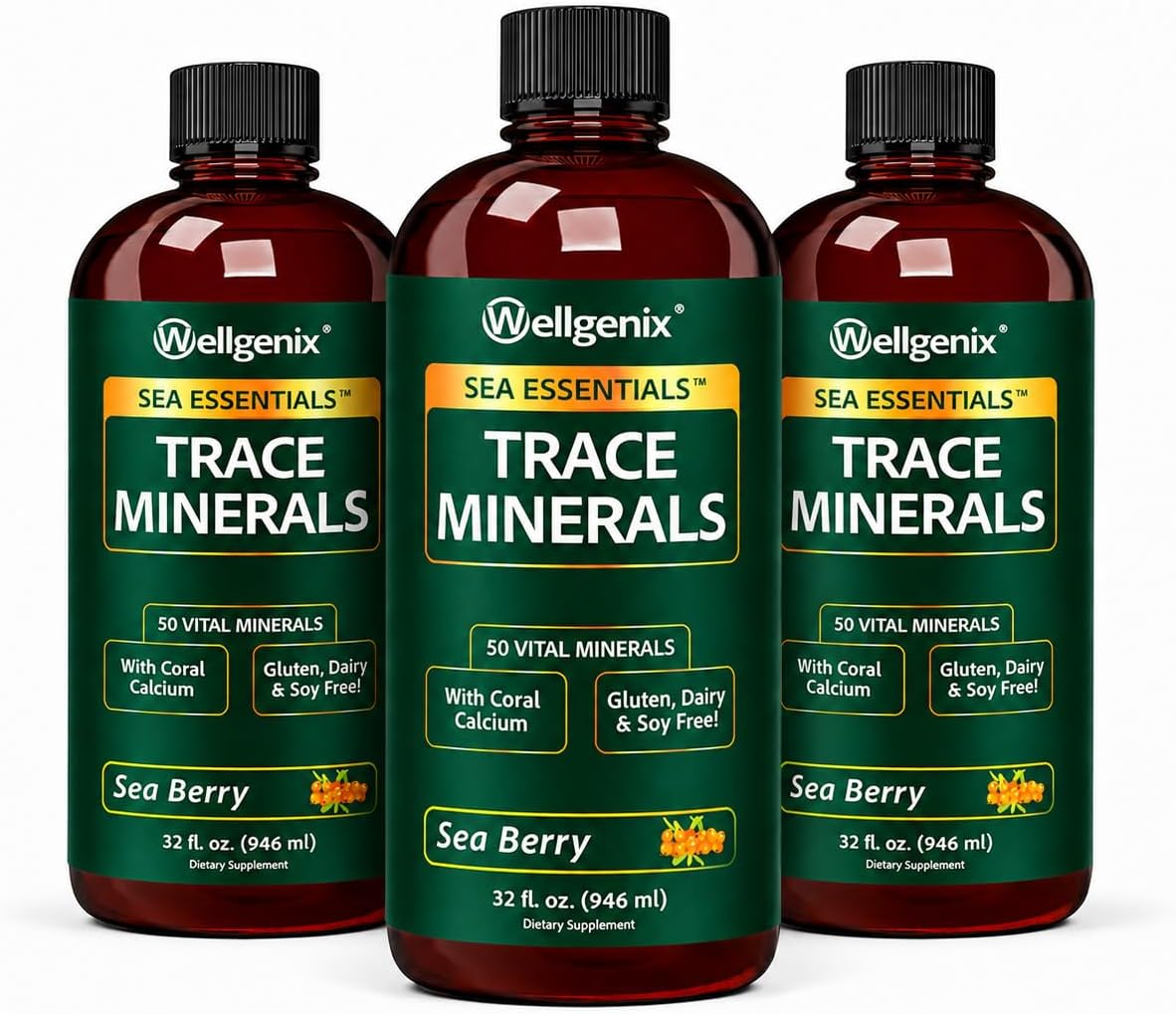 Wellgenix Sea Essentials Minerales Líquidos del Mar con Calcio Coral, 3 Botellas