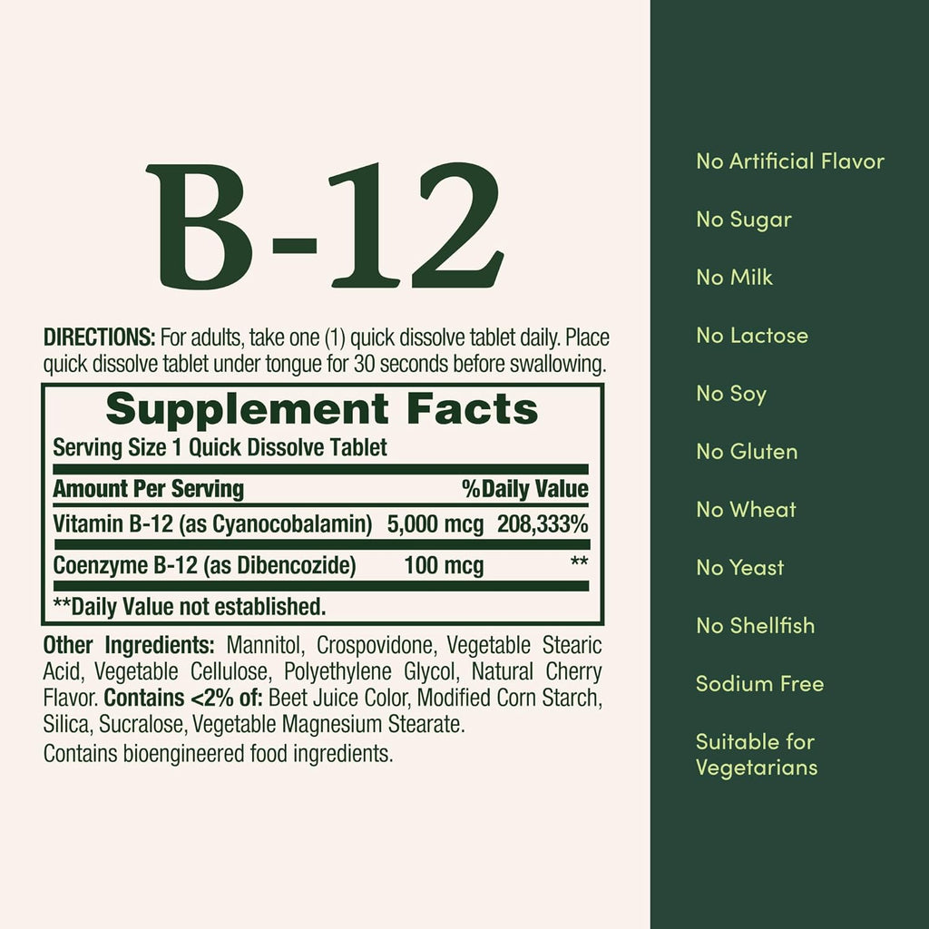 Nature's Bounty Vitamina B12 5000mcg – 40 Comprimidos de Disolución Rápida