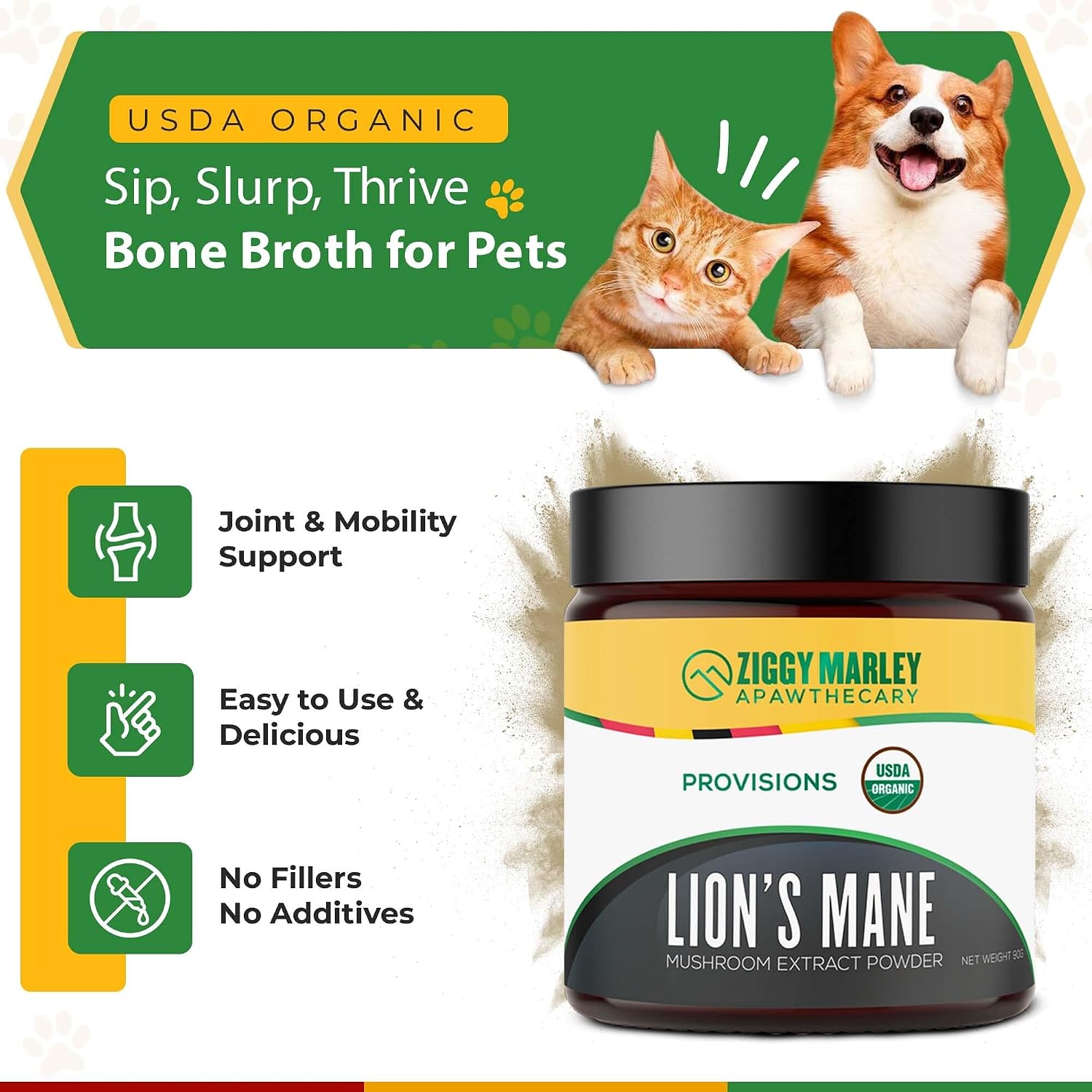 Polvo de Melena de León Orgánico para Perros y Gatos – Apoyo Cognitivo – Extracto de Cuerpo Fructífero Orgánico USDA, 45 Dosis