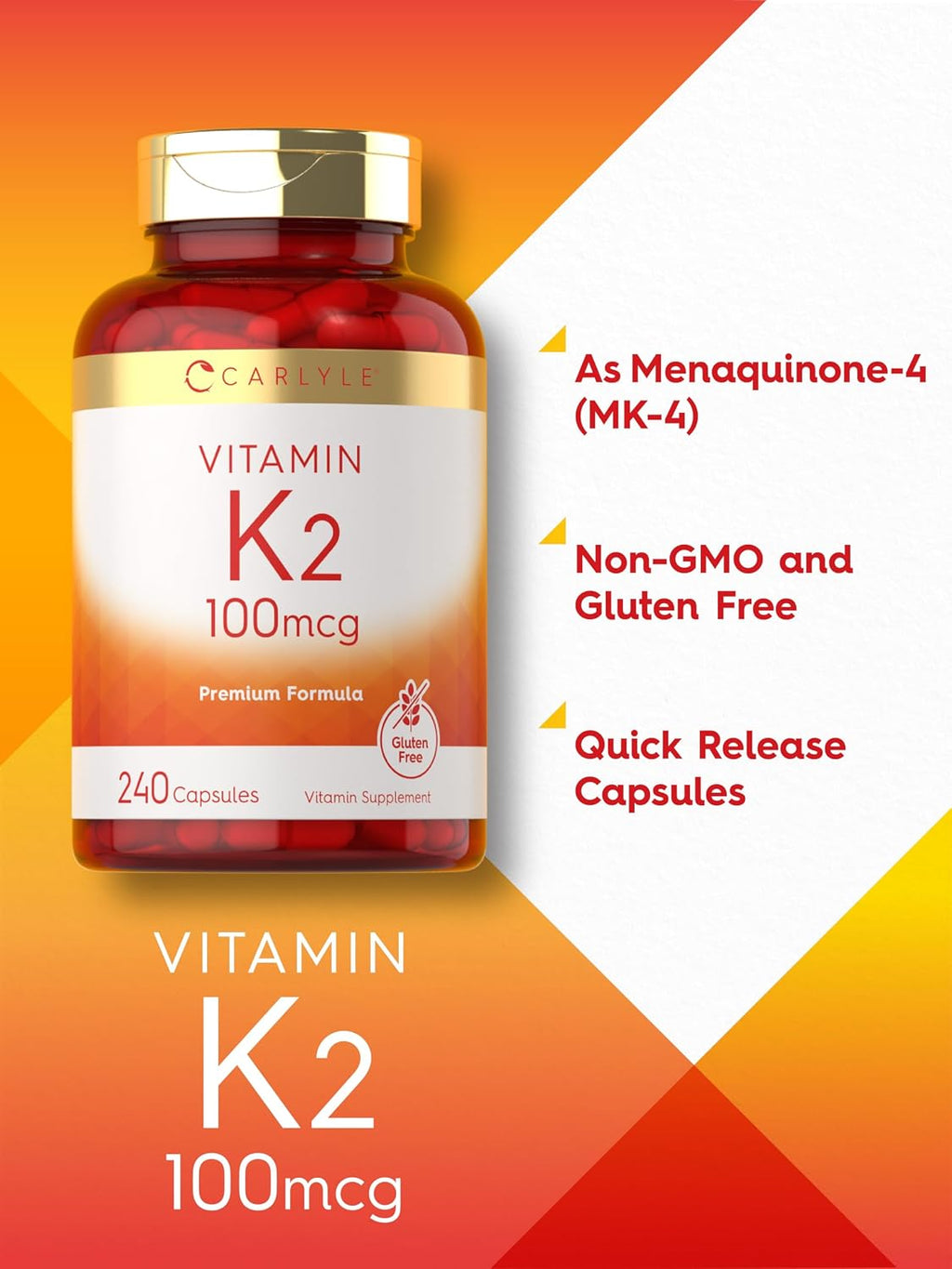 Carlyle Vitamin K2 Supplement 100 mcg MK-4, 240 Cápsulas