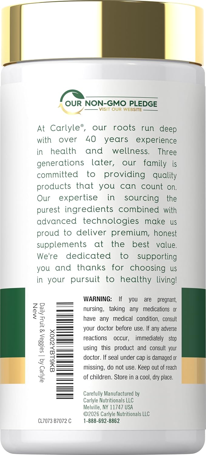 Carlyle Suplemento de Frutas y Verduras, 250 Cápsulas, Fórmula con 30 Frutas y Verduras, Vegetariano, No GMO, Sin Gluten