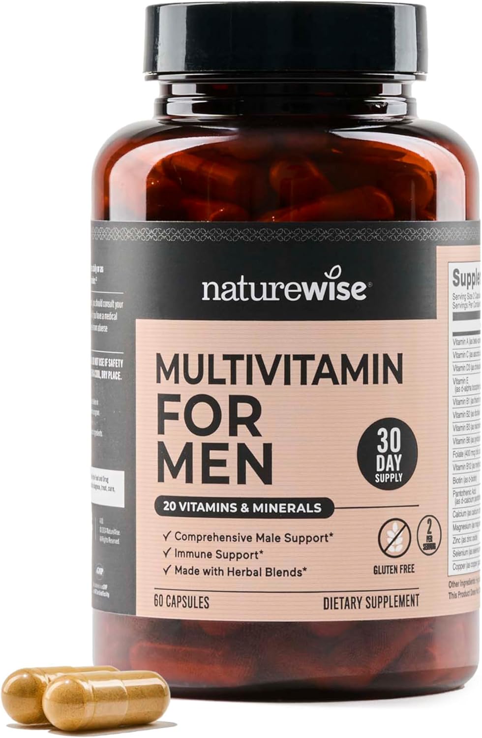 NatureWise Multivitamínico para Hombres - Complejo de Vitaminas, Minerales y Hierbas para Energía, Rendimiento e Inmunidad - con Vitamina A, C, D, Complejo B - Sin Soja ni Gluten, No GMO - 180 Cápsulas (3 Meses)