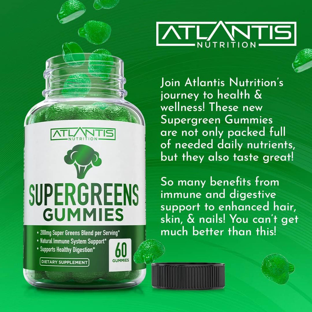 Supergreens Gummies - Complemento Diario de Superalimentos Verdes con Espinacas, Brócoli, Moringa, Remolacha, Apio, Té Verde y Acai - Sabor Frambuesa Natural, 60 Gominolas