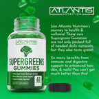 Supergreens Gummies - Complemento Diario de Superalimentos Verdes con Espinacas, Brócoli, Moringa, Remolacha, Apio, Té Verde y Acai - Sabor Frambuesa Natural, 60 Gominolas