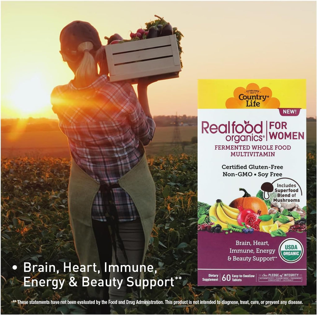 Country Life Realfood Organics Multivitamínico para Mujeres – Orgánico, Vegano, Sin Gluten – 1300mg Alimentos Integrales Fermentados – 60 Comprimidos