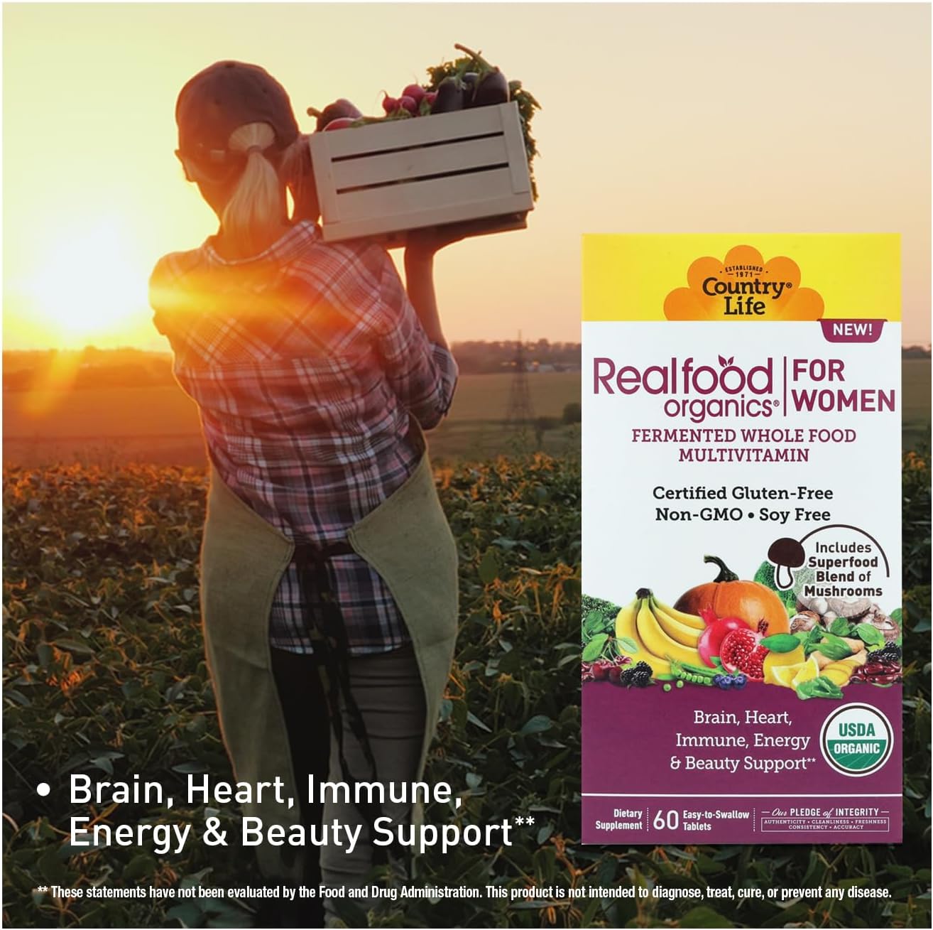 Country Life Realfood Organics Multivitamínico para Mujeres – Orgánico, Vegano, Sin Gluten – 1300mg Alimentos Integrales Fermentados – 60 Comprimidos