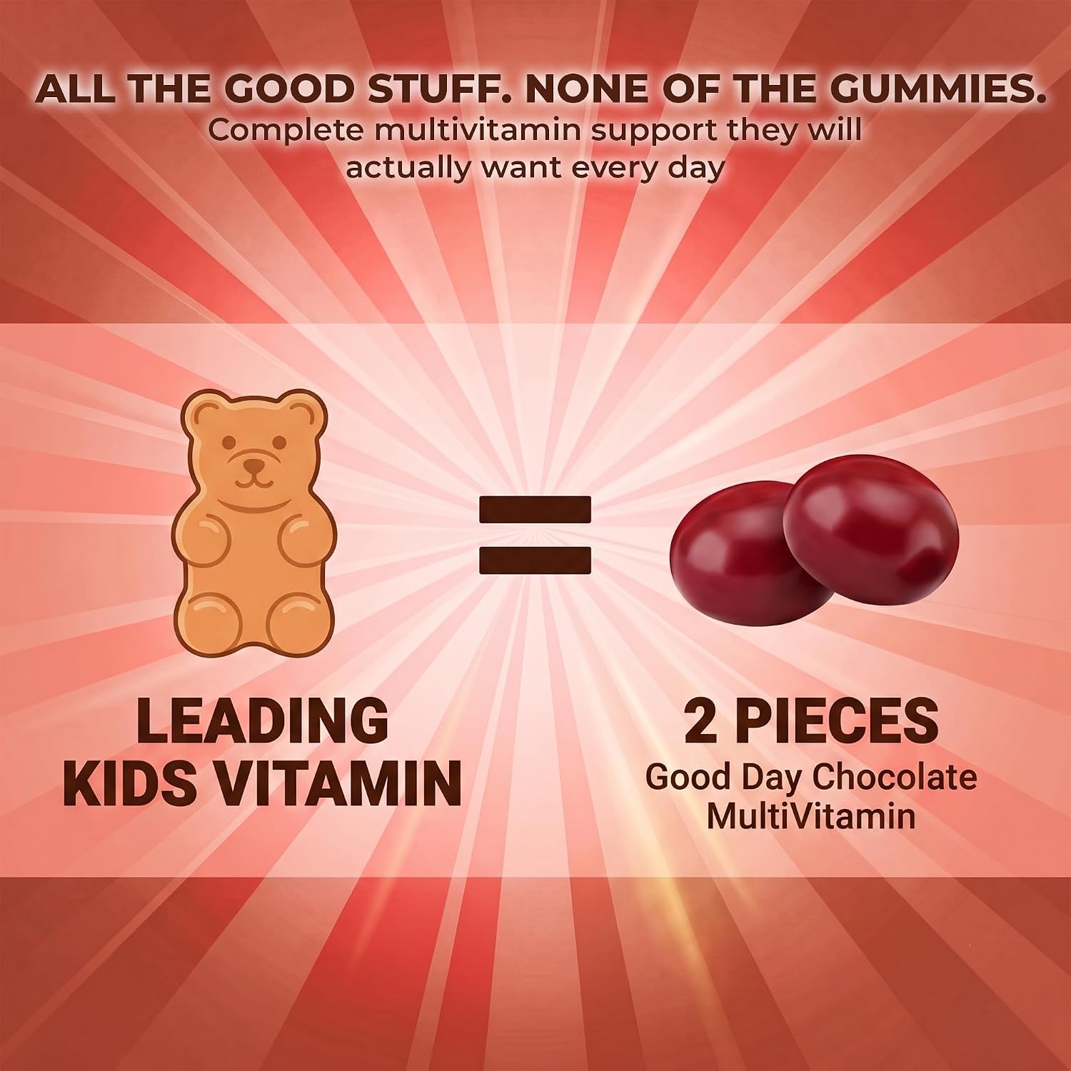 Good Day Chocolate Multivitamínico Completo para Niños – Suplemento Diario con Vitaminas A, B6, B12, C, D, E, Folato y Biotina, Chocolate de Comercio Justo y Sin OGM, 50 Piezas