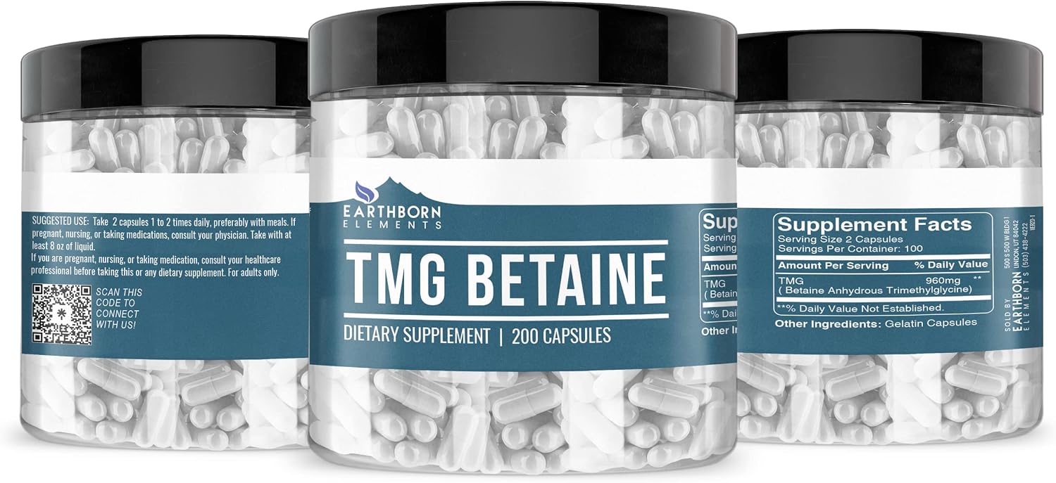 Earthborn Elements TMG Betaina Anhidra Trimethylglycine - 200 Cápsulas Puras sin Aditivos