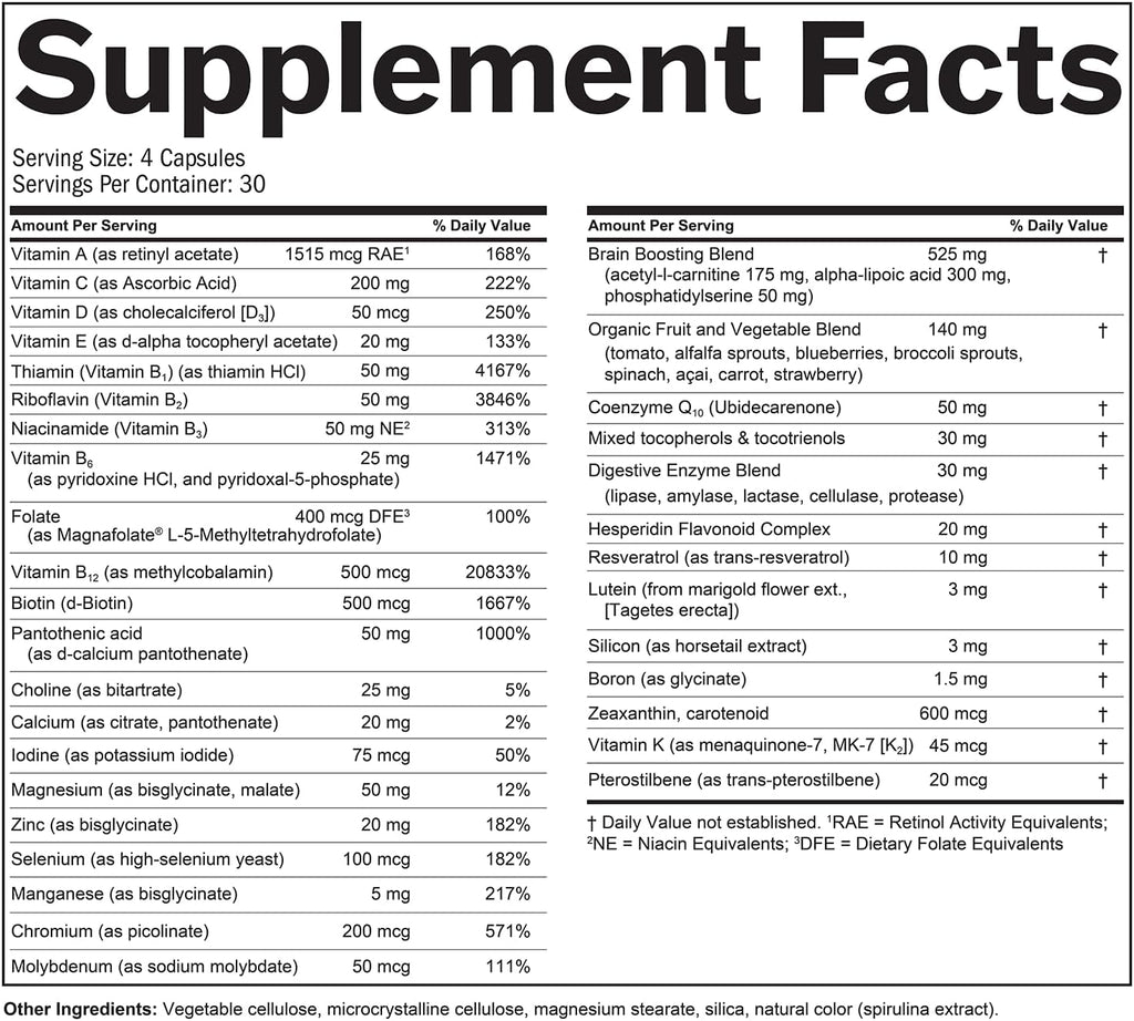 BRAINMD Dr Amen NeuroVite Plus - 120 Capsules - Multivitamin and Mineral Supplement, Enriched with Phytonutrients, Enzymes and Whole Foods - Gluten Free - 30 Servings