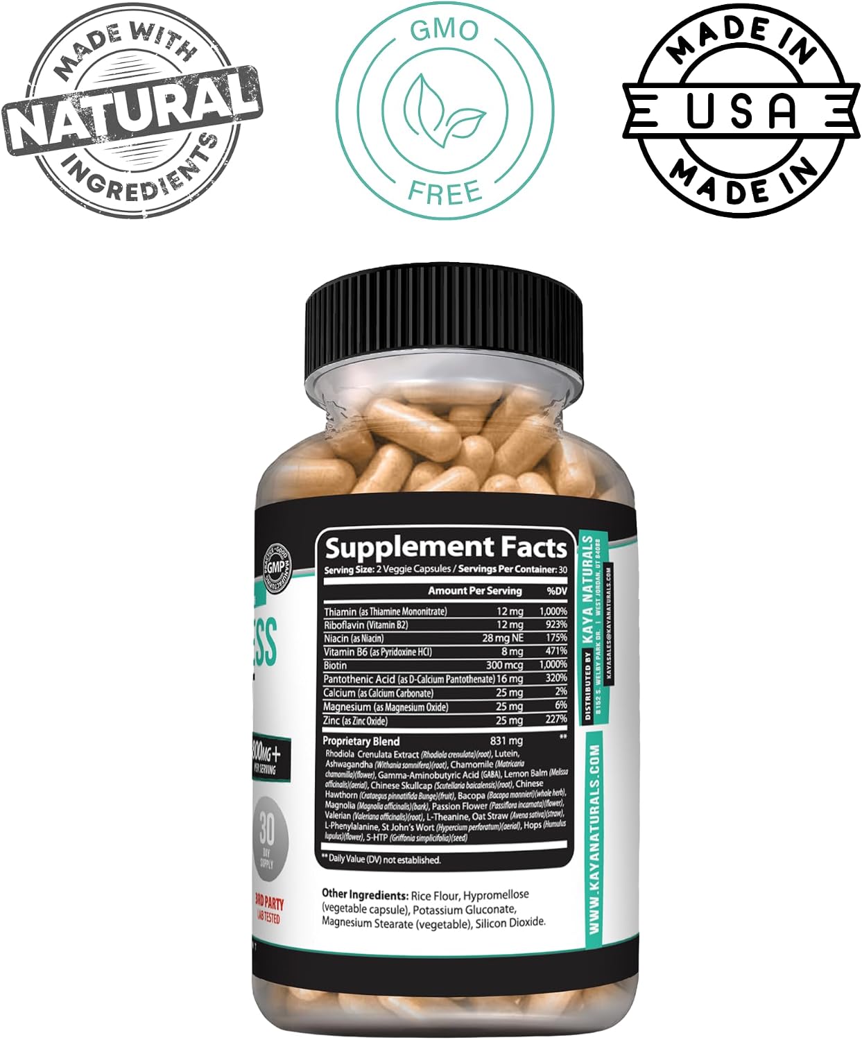 Kaya Naturals - Suplemento de Estrés Natural con Pasiflora y Magnesio - 60 Cápsulas