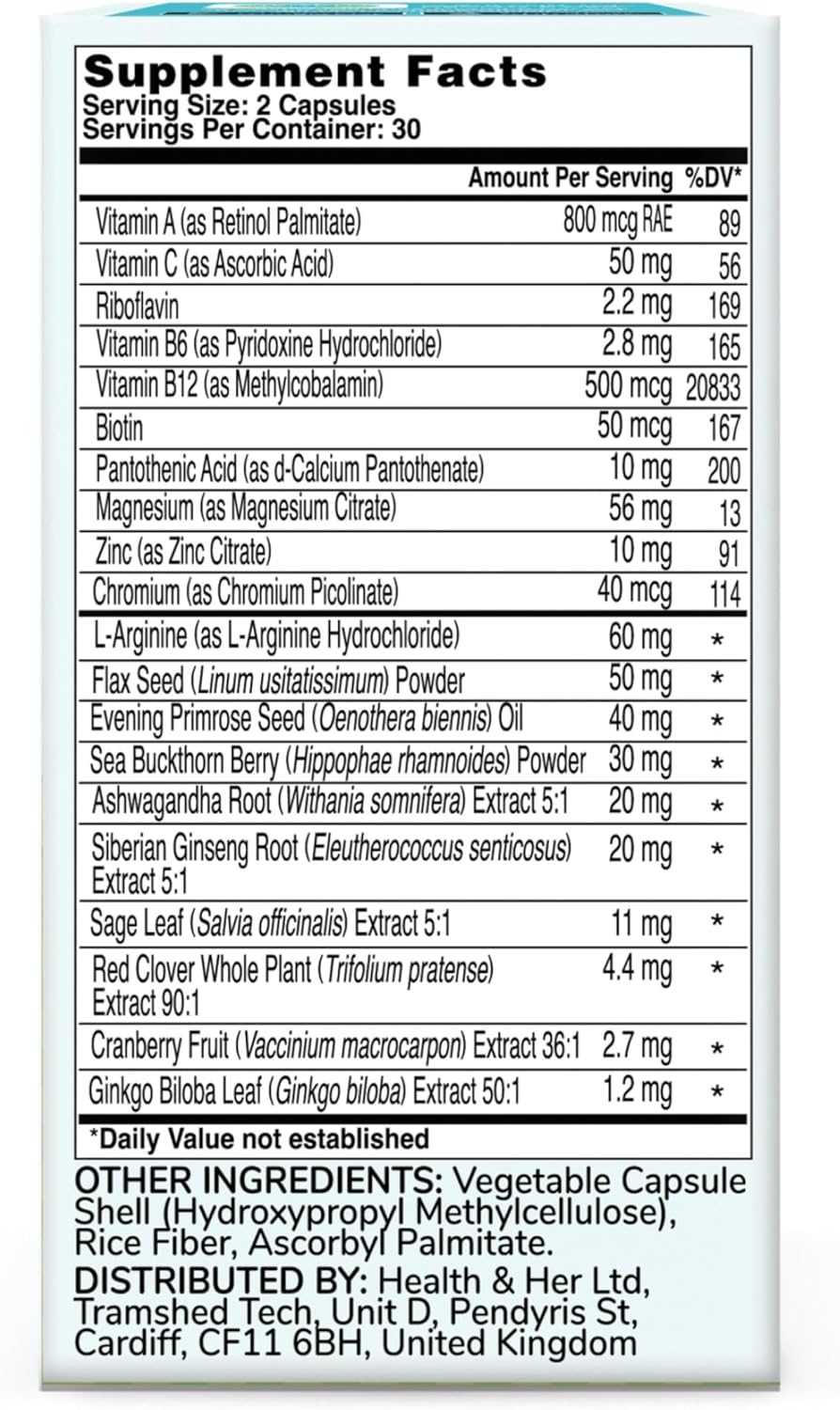 Health & Her Complementos para la Menopausia - Apoyo Multinutriente para Energía, Huesos, Músculos, Piel y Cabello - Vegano, Sin Gluten (60 Cápsulas - 1 Mes)