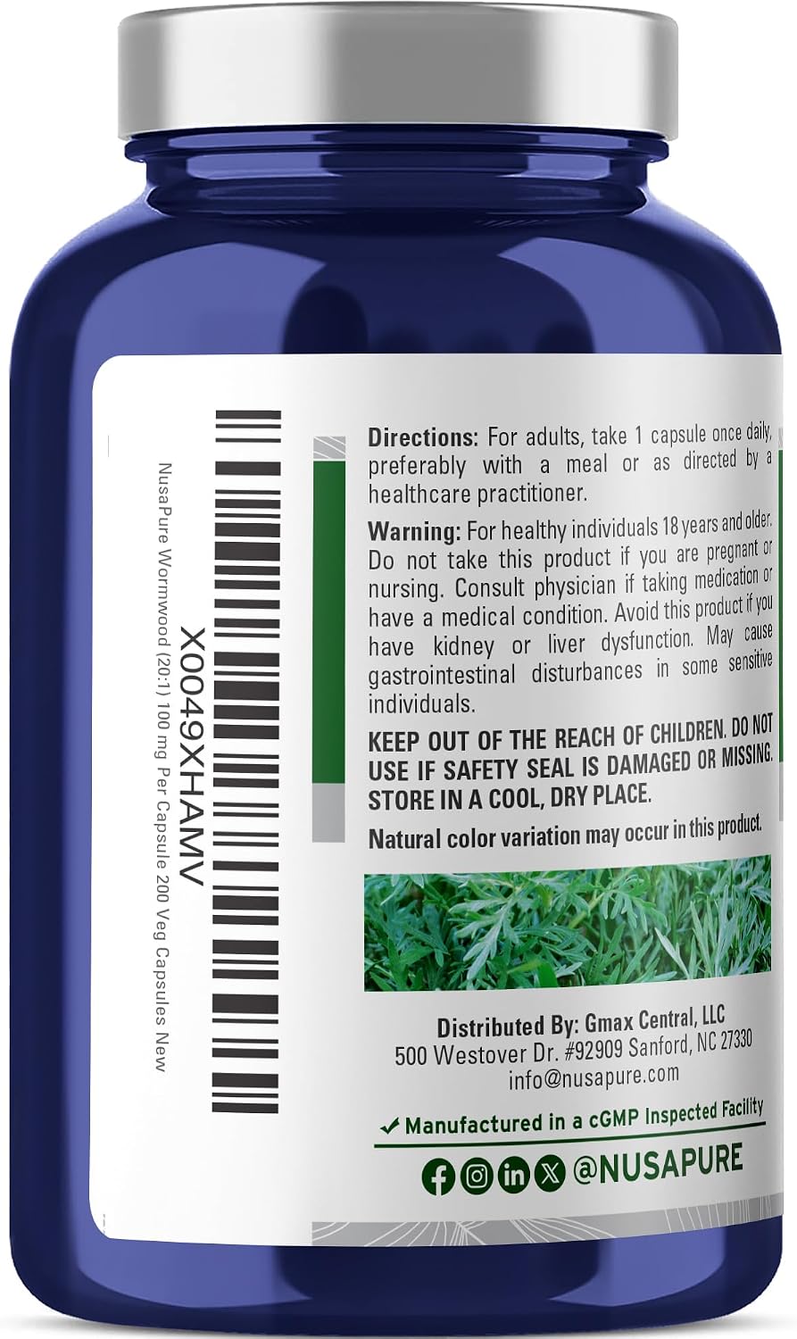 NusaPure Cápsulas de Artemisa, 100 mg, 200 Cápsulas Veganas (No OGM, Vegano)