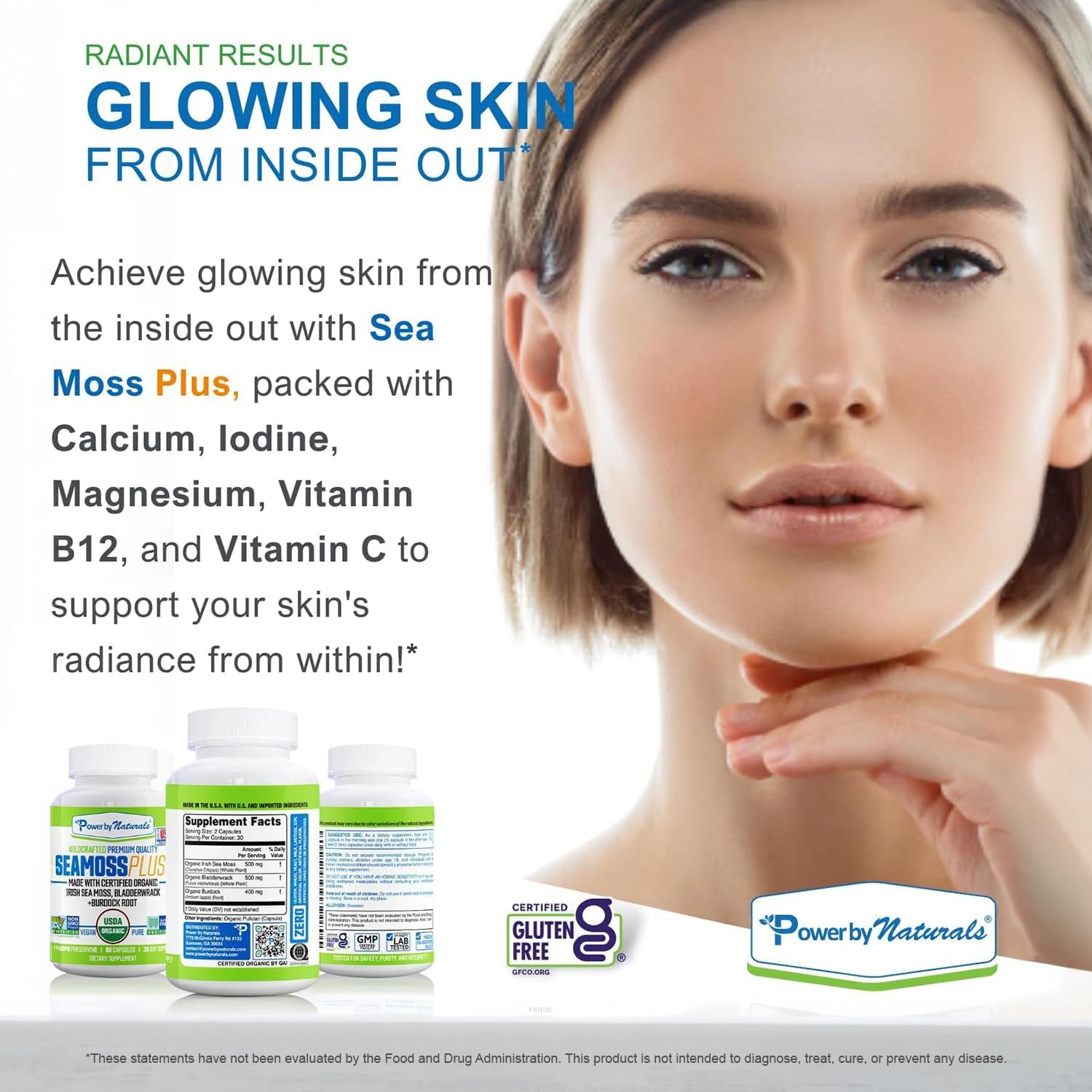 Power By Naturals Sea Moss Plus – Cápsulas Orgánicas de Musgo de Mar Irlandés con Bladderwrack y Raíz de Bardana – 120 Cápsulas (Suministro para 2 Meses)