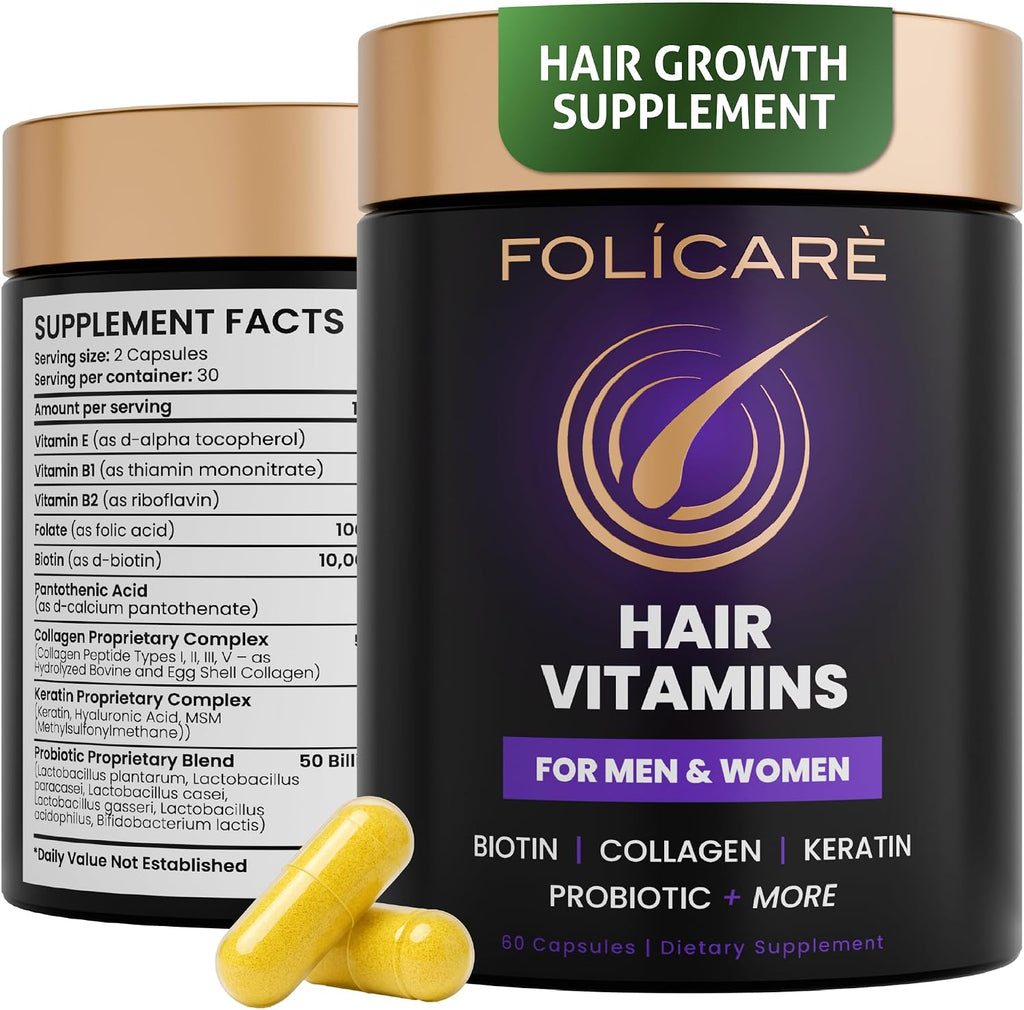 FOLICARE Biotina con Colágeno, Queratina y Probióticos – Suplemento para Cabello, Piel y Uñas