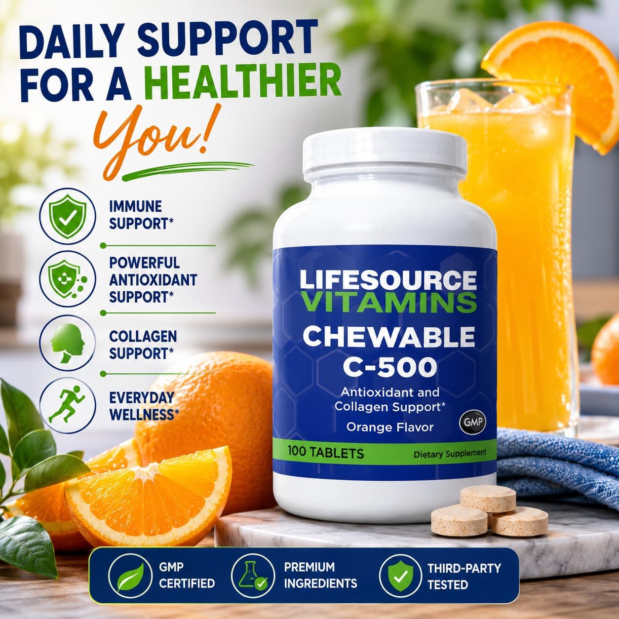 LifeSource Vitamin C 500 mg - 100 Comprimidos Masticables - Sabor Naranja - Endulzado con Stevia