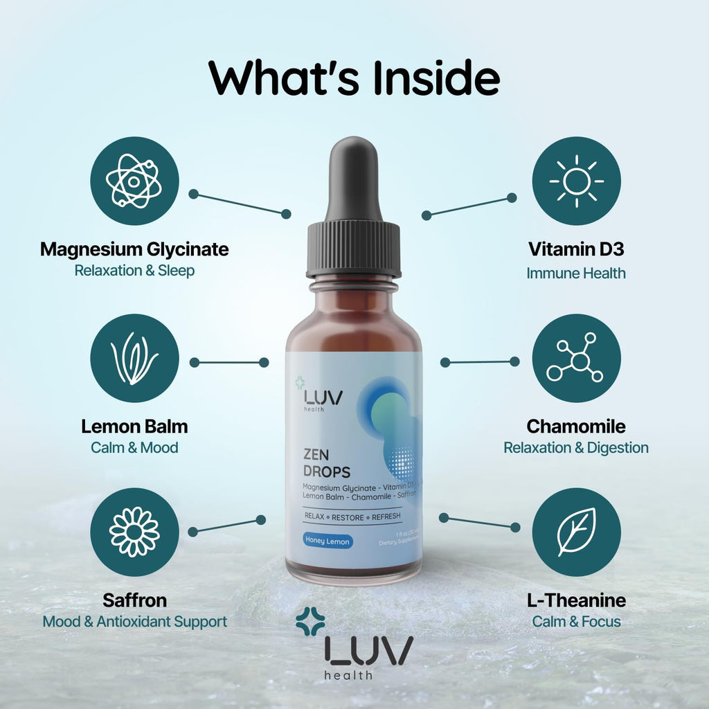 LUV Zen Drops Gotas de apoyo para el estrés con magnesio glicinato, vitamina D3, melisa, manzanilla, azafrán y L-teanina. Vegano, sin gluten, 30 dosis