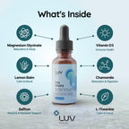 LUV Zen Drops Gotas de apoyo para el estrés con magnesio glicinato, vitamina D3, melisa, manzanilla, azafrán y L-teanina. Vegano, sin gluten, 30 dosis
