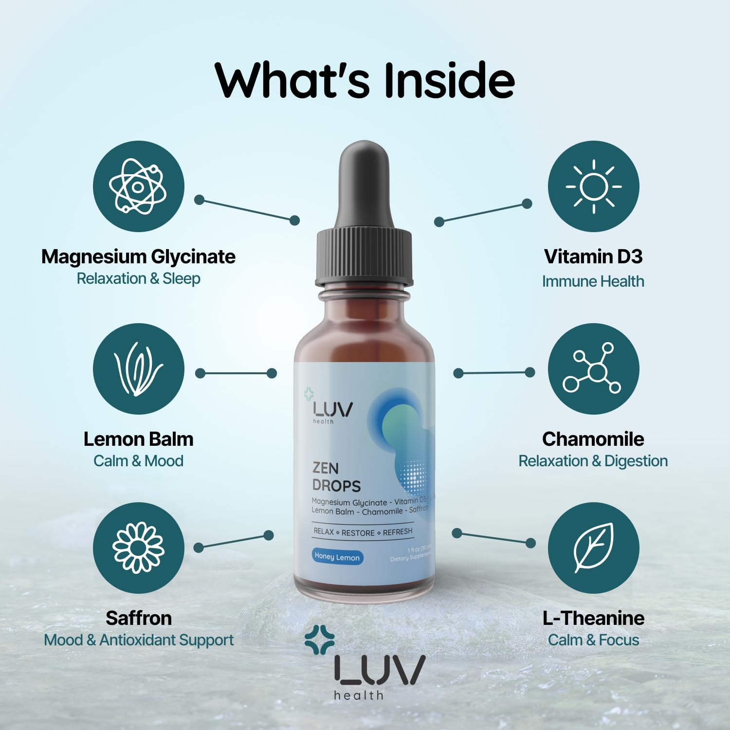 LUV Zen Drops Gotas de apoyo para el estrés con magnesio glicinato, vitamina D3, melisa, manzanilla, azafrán y L-teanina. Vegano, sin gluten, 30 dosis