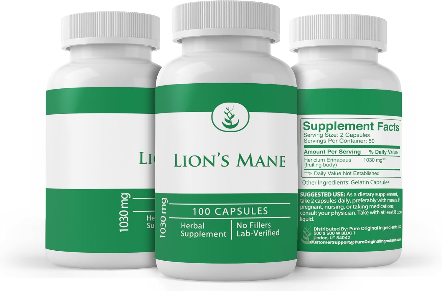 PURE ORIGINAL INGREDIENTS Lion’s Mane (Melena de León), 100 Cápsulas, Siempre Puro, Sin Aditivos ni Rellenos, Verificado en Laboratorio