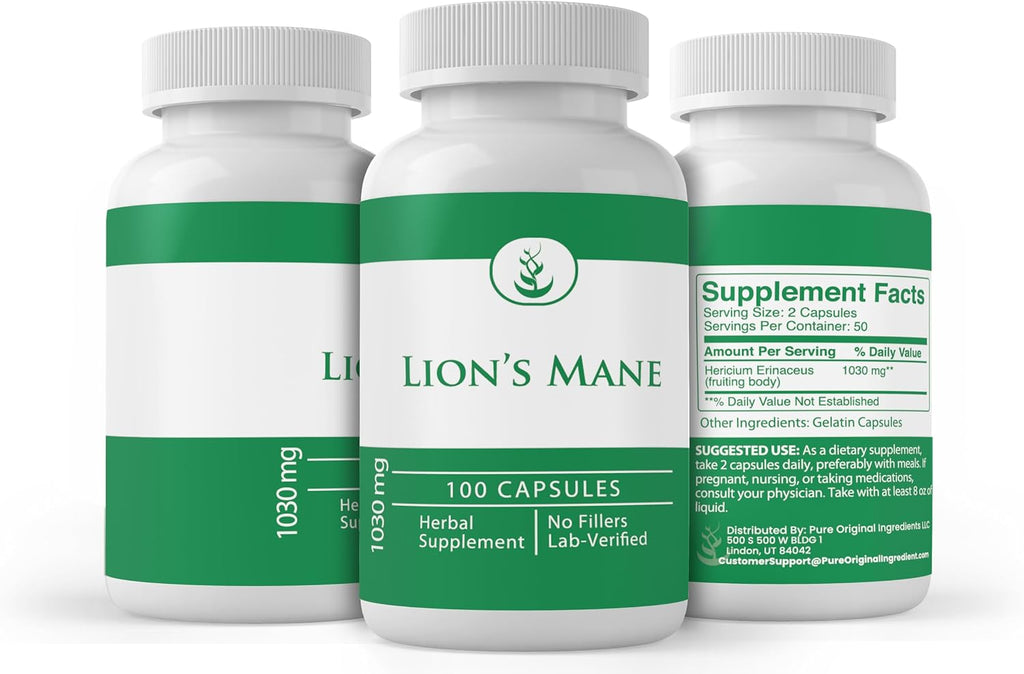 PURE ORIGINAL INGREDIENTS Lion's Mane, 100 Cápsulas - Puro, Sin Aditivos ni Cargas, Verificado en Laboratorio