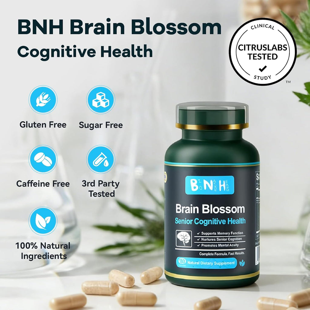 BNH Brain Blossom - Suplemento para Memoria y Enfoque con Azafrán, Ginseng y Cúrcuma, 180 Cápsulas