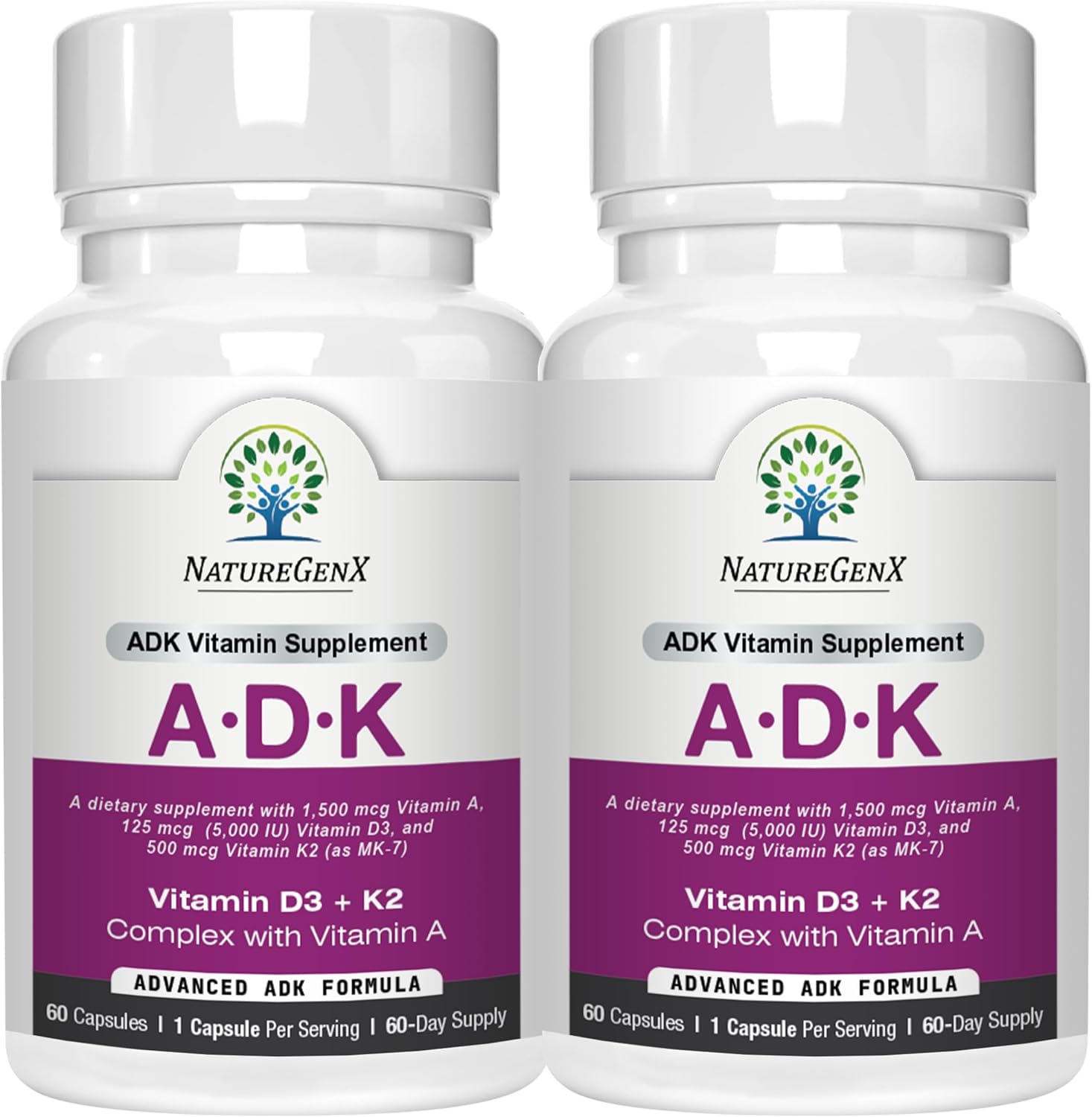 NatureGenX ADK Vitamin Supplement – Vitamins A, D3 & K2 MK-7 for Bone Health & Calcium Absorption – Gluten-Free, Non-GMO, Soy-Free – 120 Capsules, 2-Pack (4-Month Supply)