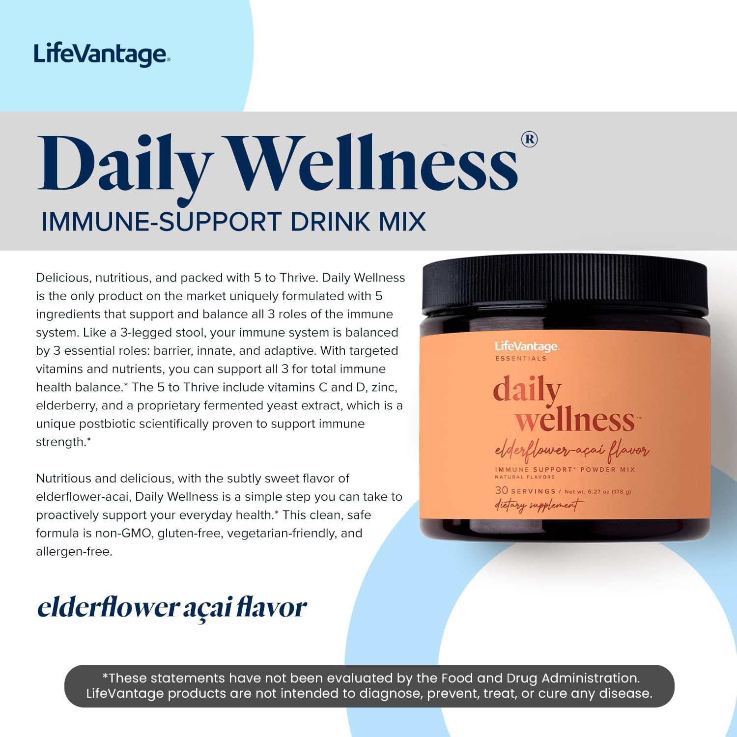 LifeVantage Daily Wellness Mezcla de Bebida de Apoyo Inmunitario, Sabor Saúco-Acai, 178g (30 porciones)