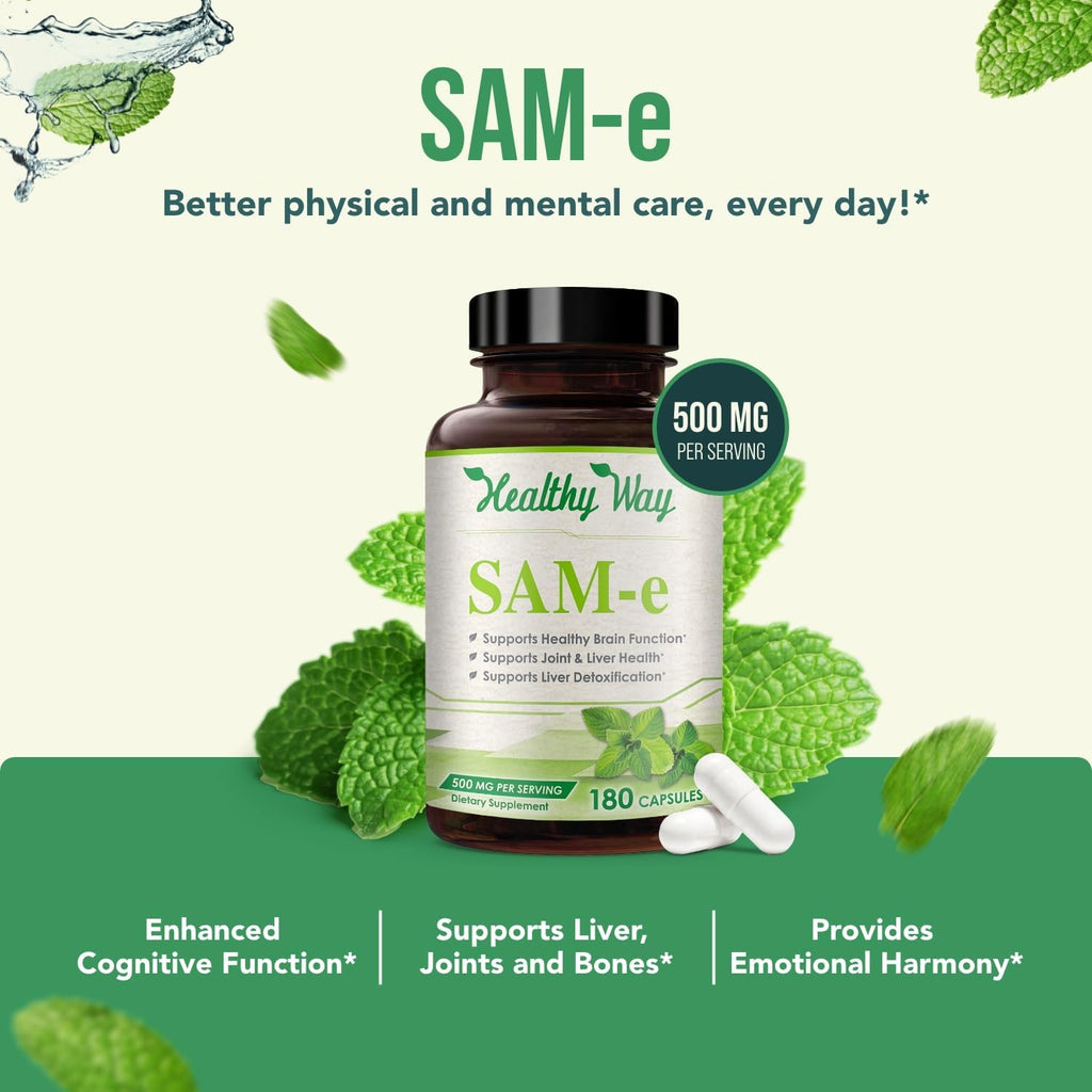 HealthyWayRx SAM-e 500mg - S-Adenosil-L-Metionina - 180 Cápsulas para Apoyo Cerebral y Hepático