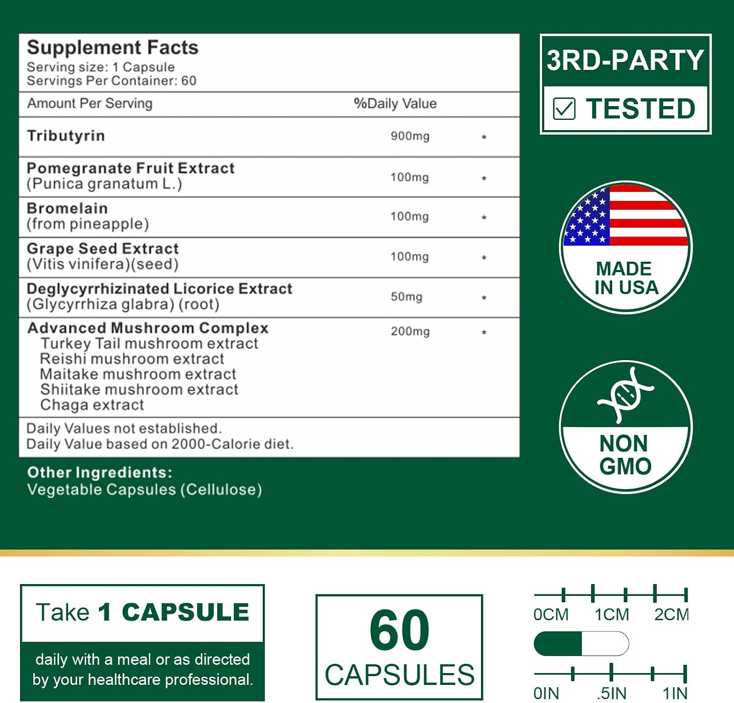 Tributirina 900mg por Cápsula - Precurso de Butirato para Soporte de Barrera Intestinal, 120 Cápsulas