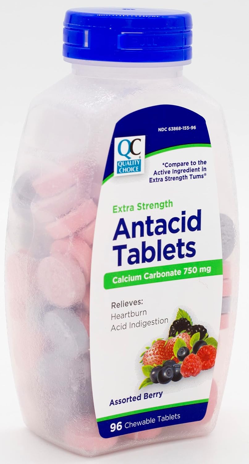 Quality Choice Antiácido Extra Strength - Carbonato Cálcico 750 mg - 96 Comprimidos Masticables Sabor Bayas (Pack de 2)