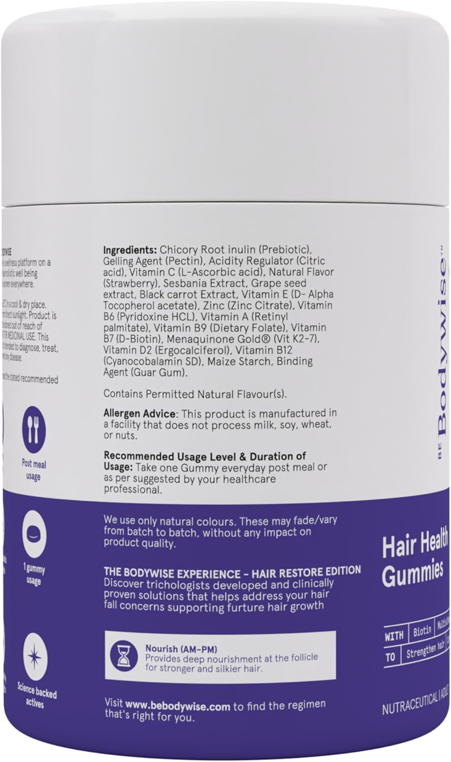 Be Bodywise Gomitas de Biotina para el Crecimiento del Cabello - Sin Azúcar - Vitaminas para Cabello, Piel y Uñas con Hierro - 60 Días
