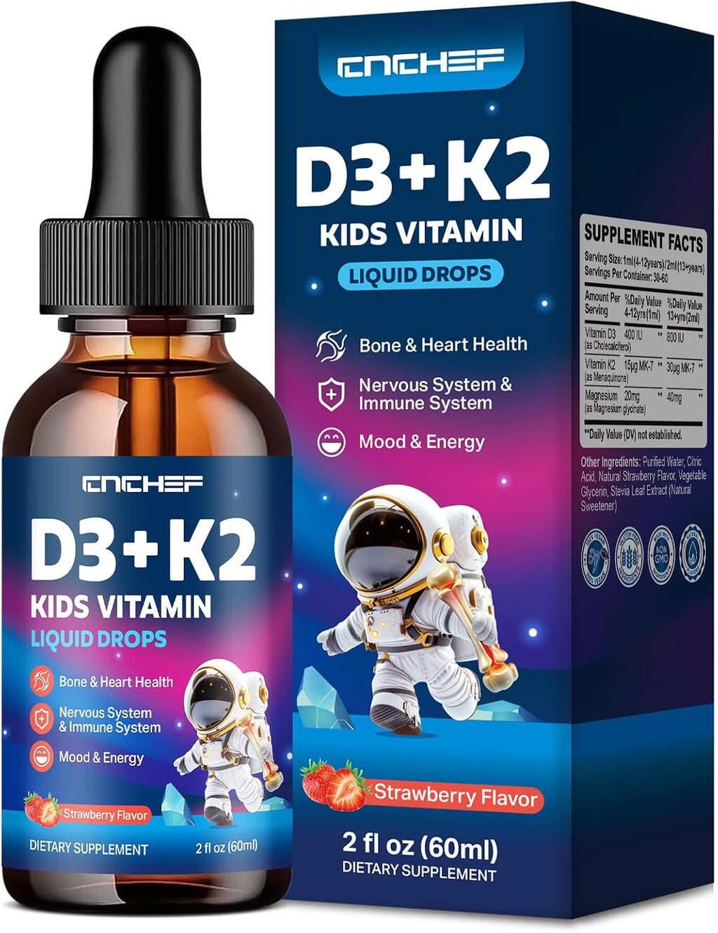 CNCHEF Vitamina D3 K2 Gotas para Niños con Magnesio - 60ml