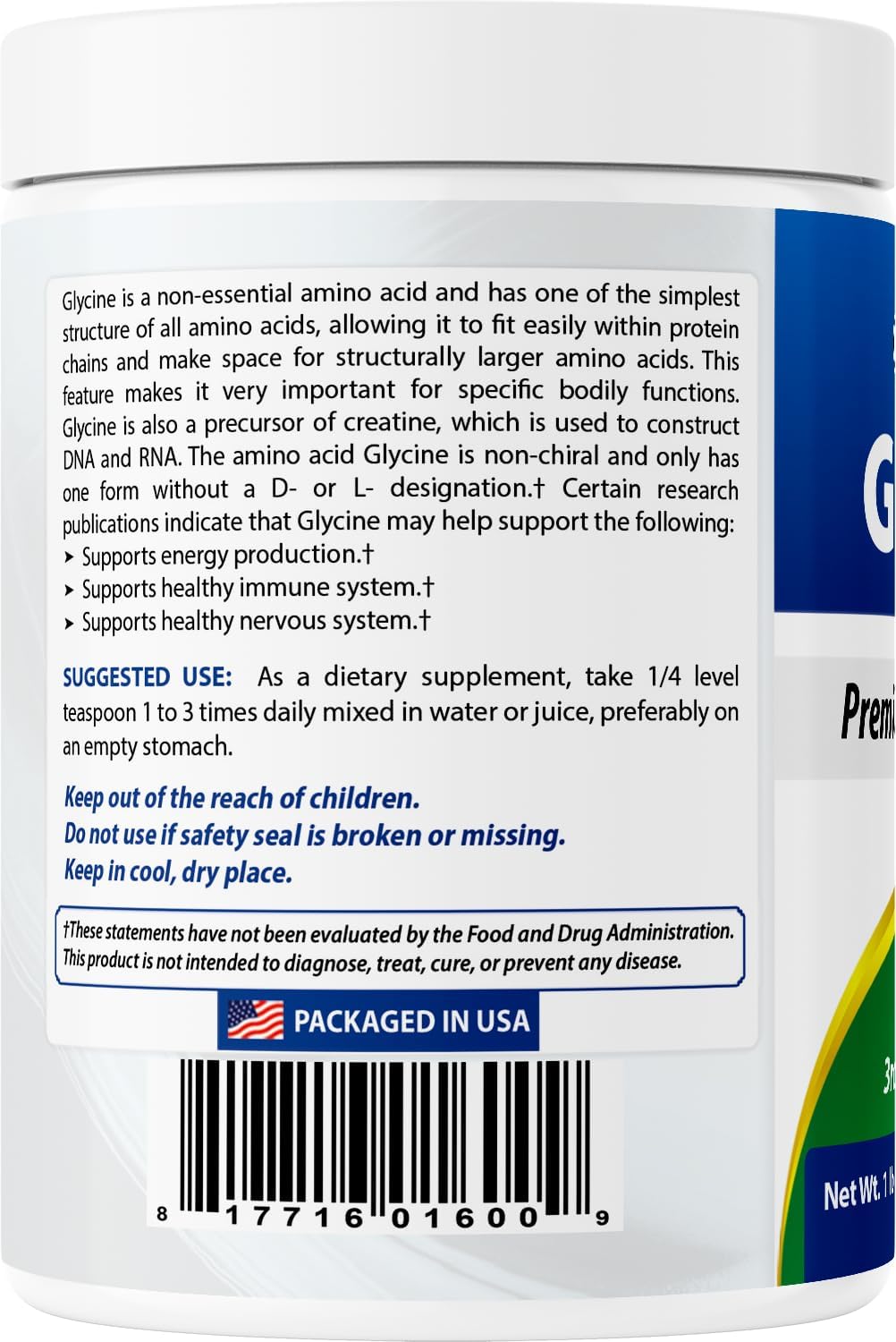 Best Naturals Glycine Powder 1 LB - Apoyo a Neurotransmisores y Relajación