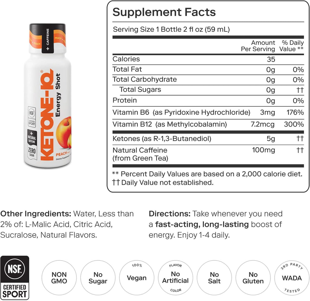 Ketone-IQ +Caffeine Performance Energy Shots – Energía Limpia para Enfoque y Resistencia, 5g Cetonas, 100mg Cafeína de Té Verde, Vitaminas B, 24 unidades (Melocotón)