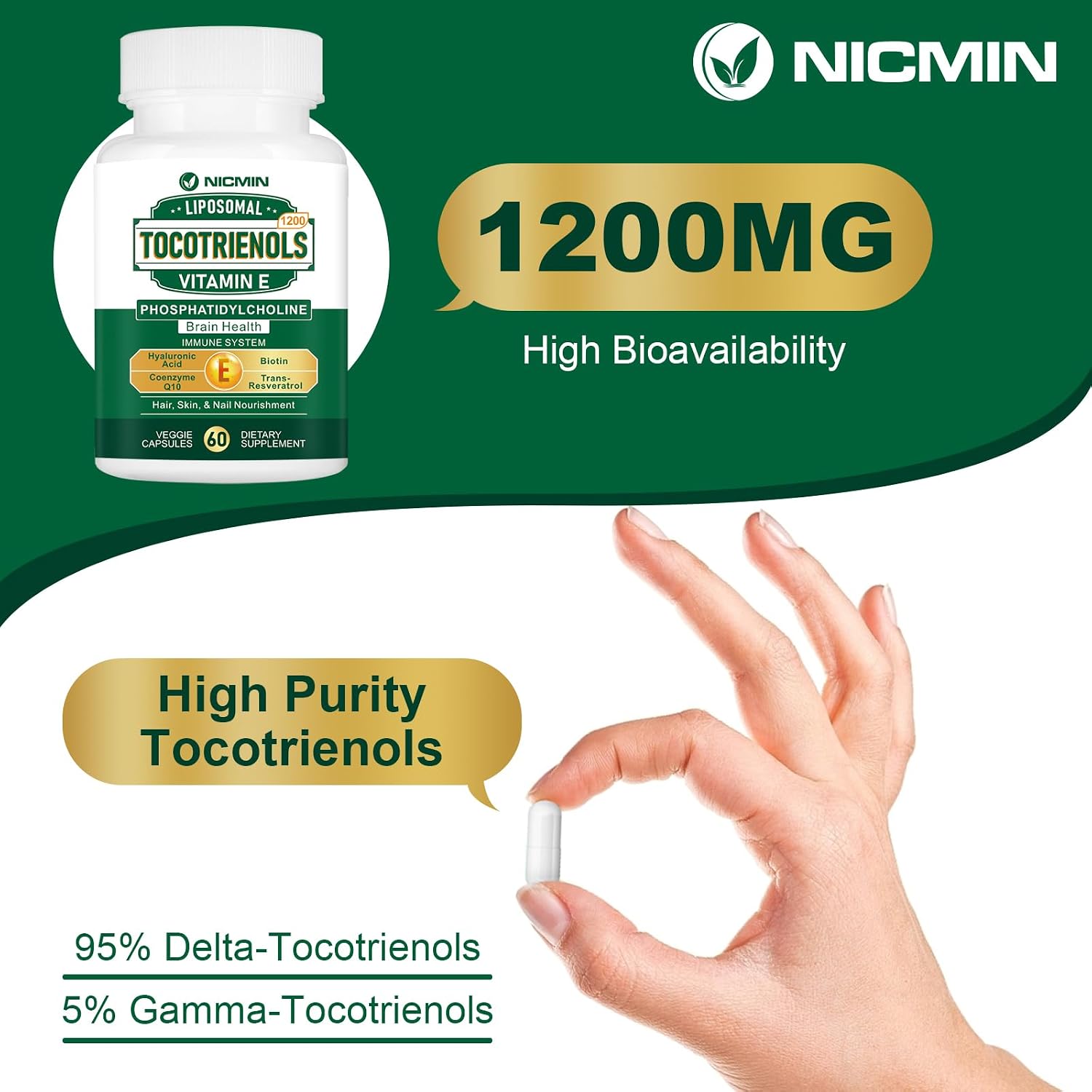 NICMIN Vitamina E Tocoferoles Liposomales 1200 mg con Fosfatidilcolina - 180 Cápsulas