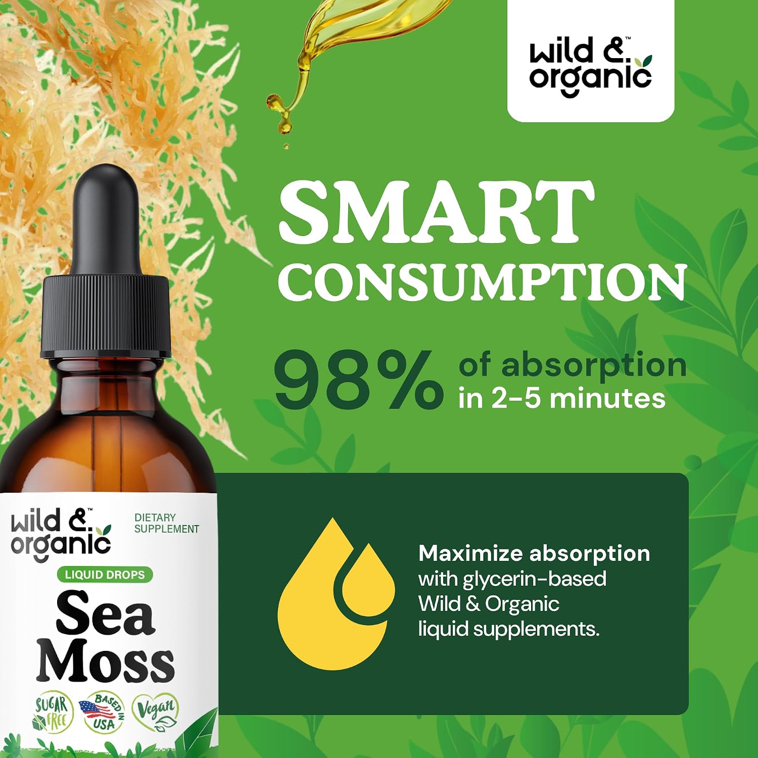 Wild & Organic Gotas Líquidas de Musgo Marino y Bladderwrack - Tintura Multimineral - Vegana, Sin Azúcar ni Alcohol - 60 ml