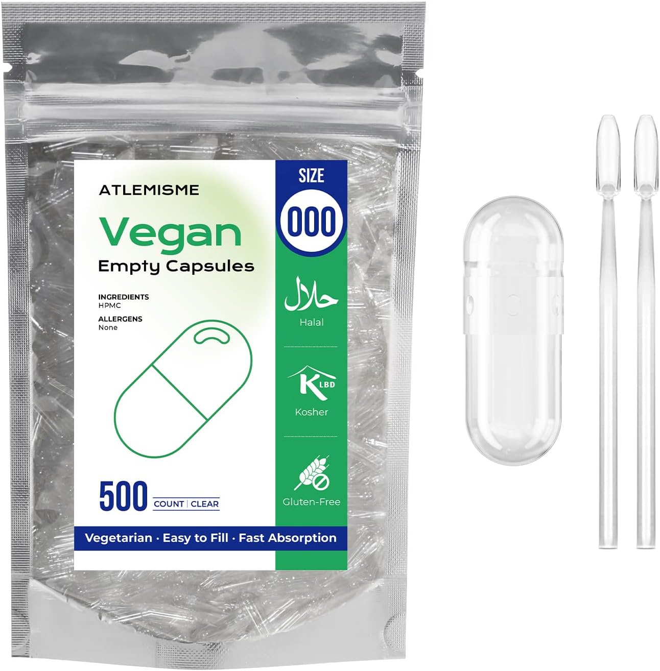 Cápsulas Veganas Vacías Tamaño 000 - 1000 Unidades para Relleno DIY con 2 Micro Cucharas