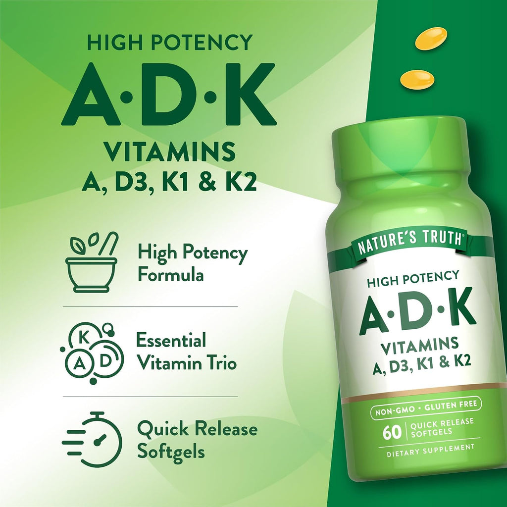 Nature's Truth Vitamin ADK, 60 Cápsulas Blandas - Alta Potencia de Vitamina A, D3, K1 y K2 - Suplemento No Transgénico y Sin Gluten