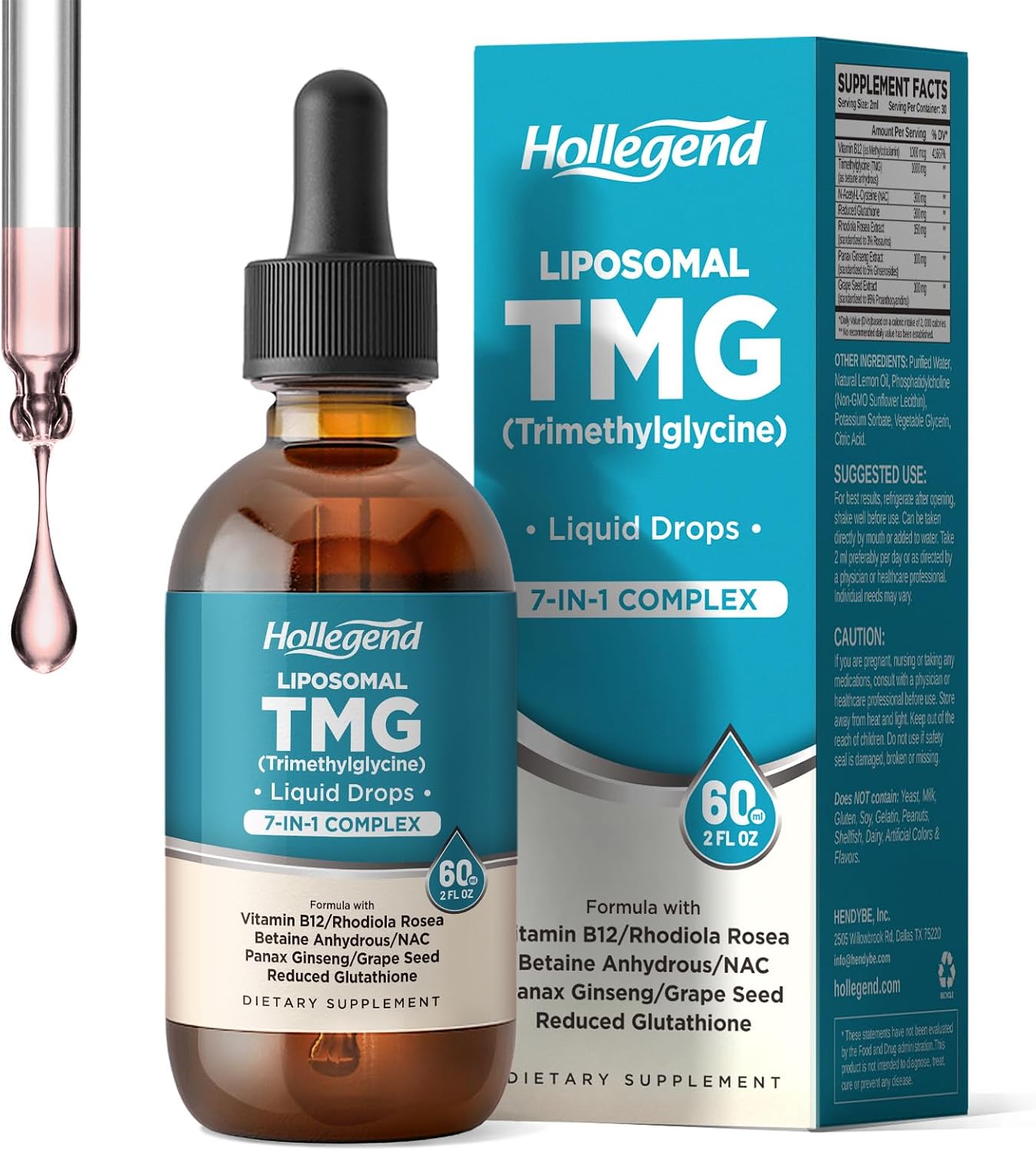 HOLLEGEND Liposomal TMG Suplemento Líquido, 1000mg Trimetilglicina como Betaína Anhidra, Alta Absorción, 60 ml