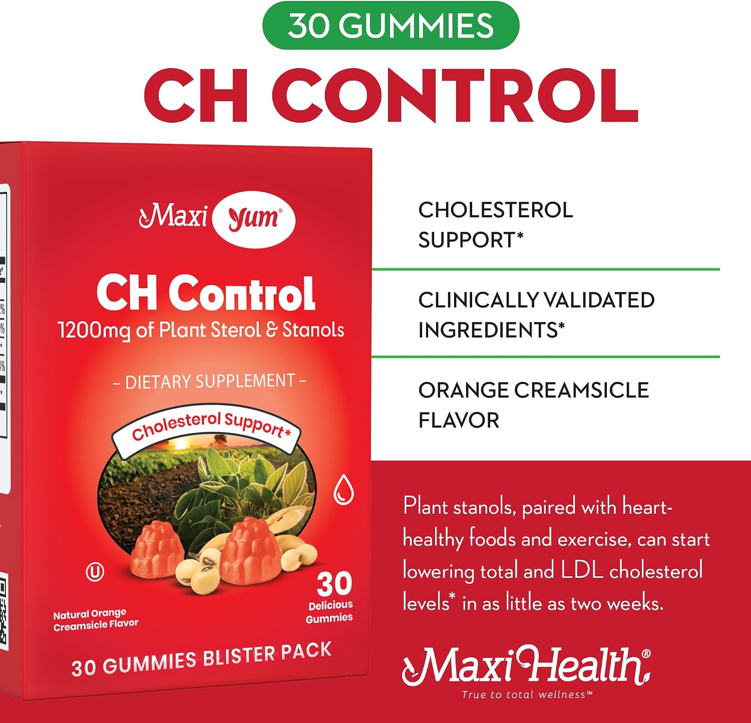 Maxi Health Gominolas de Esteroles Vegetales para el Colesterol – 1200mg de Esteroles y Estanoles – Suplemento Kosher y Sin Gluten – Sabor Naranja (30 unidades)