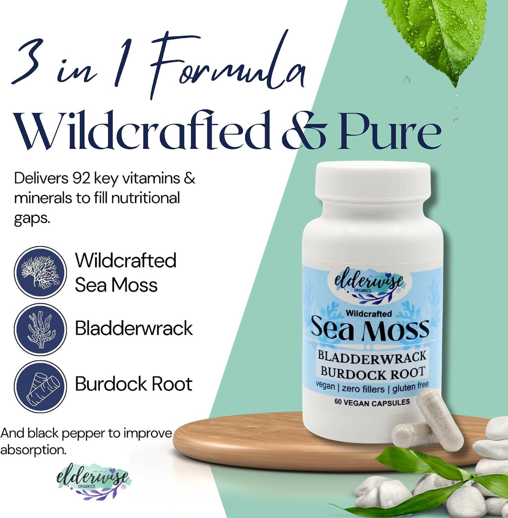 Elderwise Sea Moss Cápsulas - Alga Marina con Bardana y Fucus - 60 Cápsulas Veganas