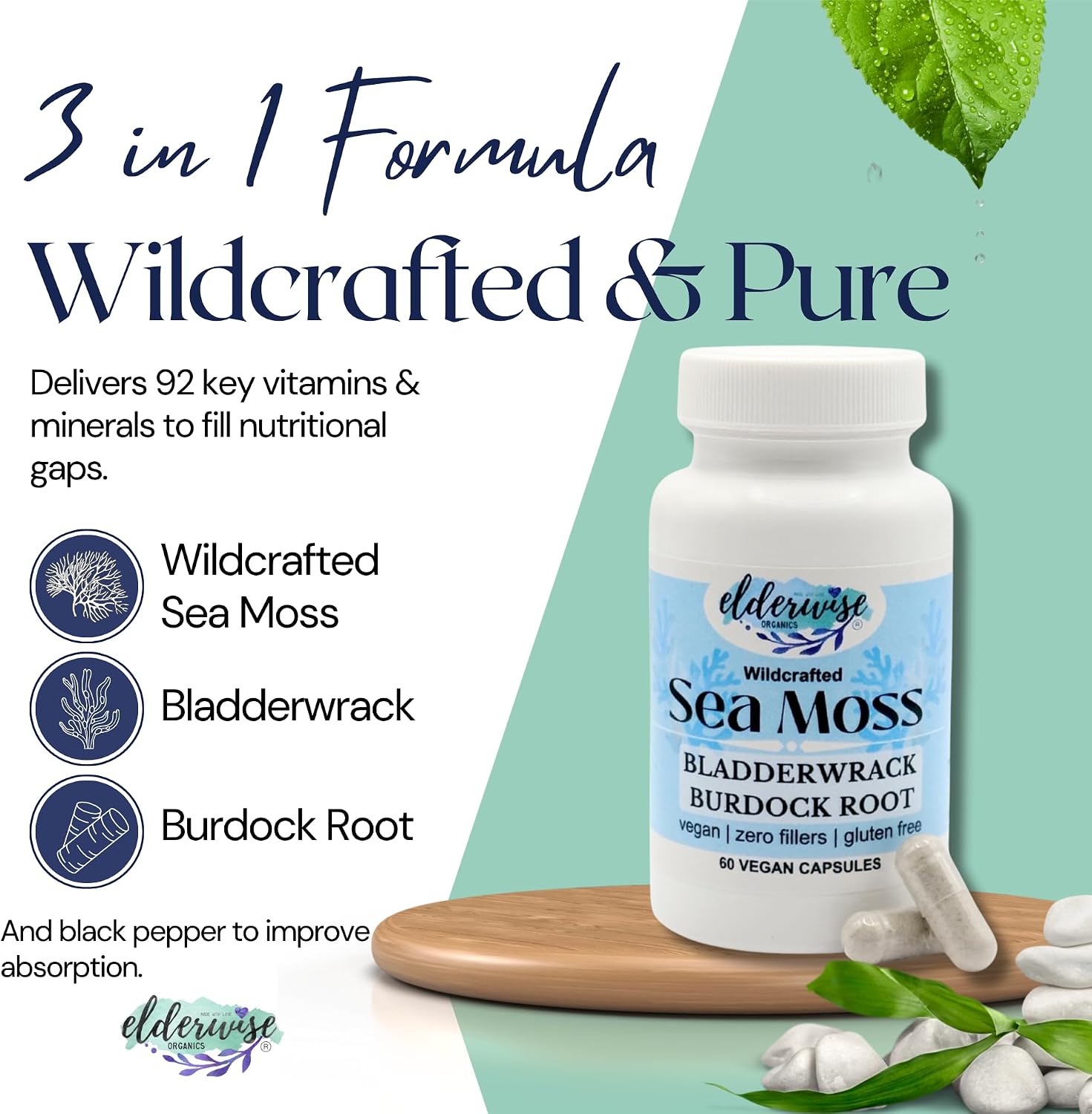 Elderwise Sea Moss Cápsulas - Alga Marina con Bardana y Fucus - 60 Cápsulas Veganas
